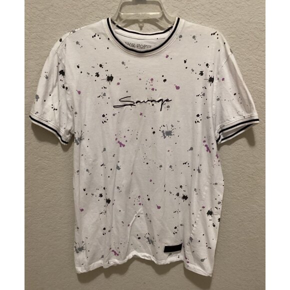 White Splatter Paint Mens T-Shirt With "Savage" Script Design S L - Picture 1 of 4